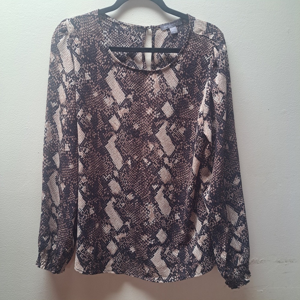 Peace & Pearls Womens Brown Snakeskin Print Long Sleeve Blouse Top Size Large
